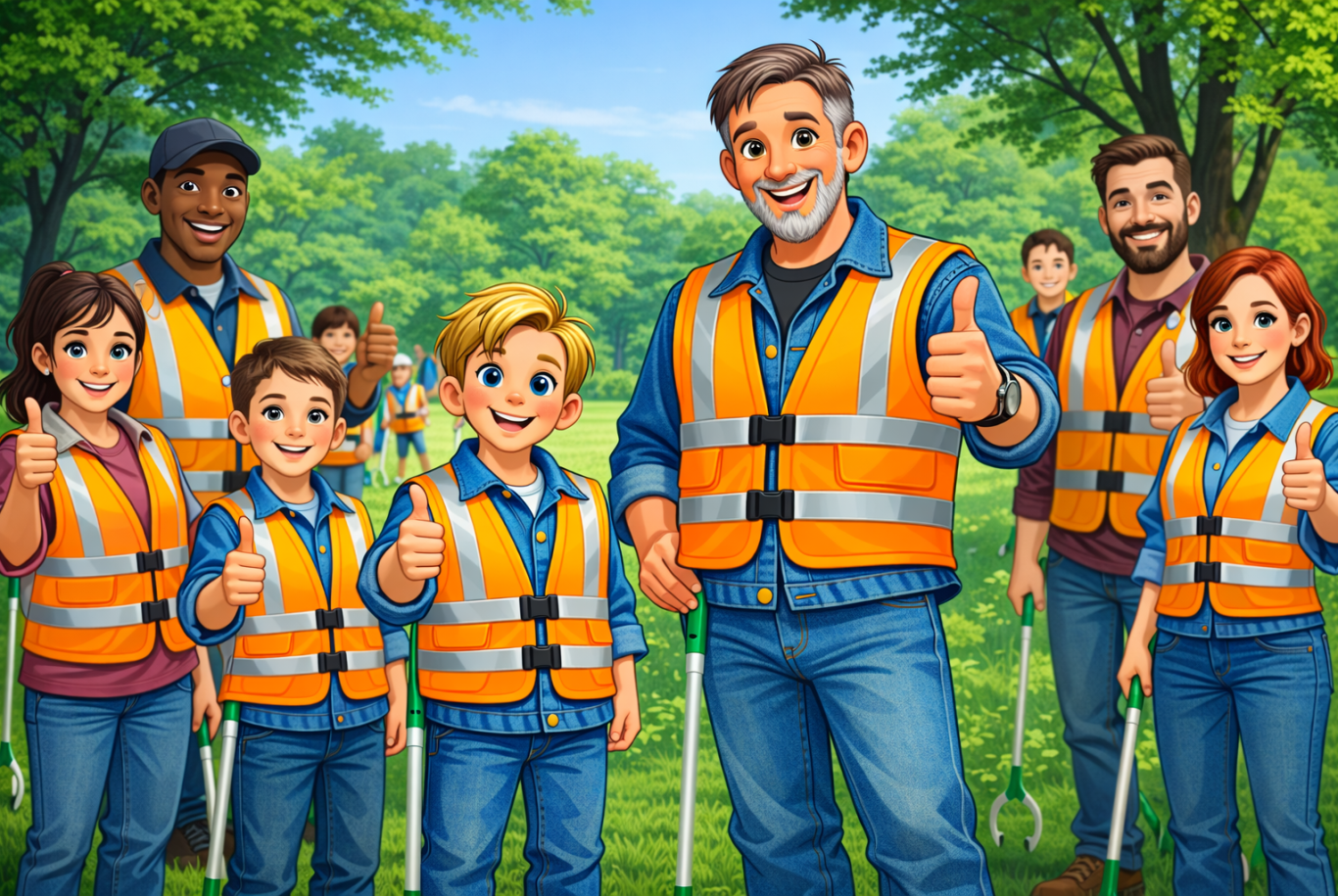 Zane en opa Ben in het park. Zane en opa Ben in hesjes verzamelen afval in een park.