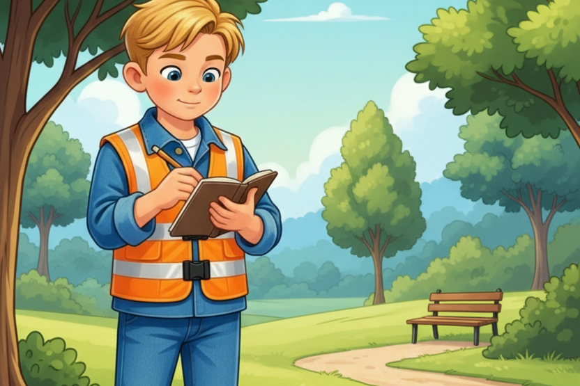 Zane schrijft zijn avonturen. Jongen in veiligheidsvest schrijft notities in een park met bomen en een bankje.