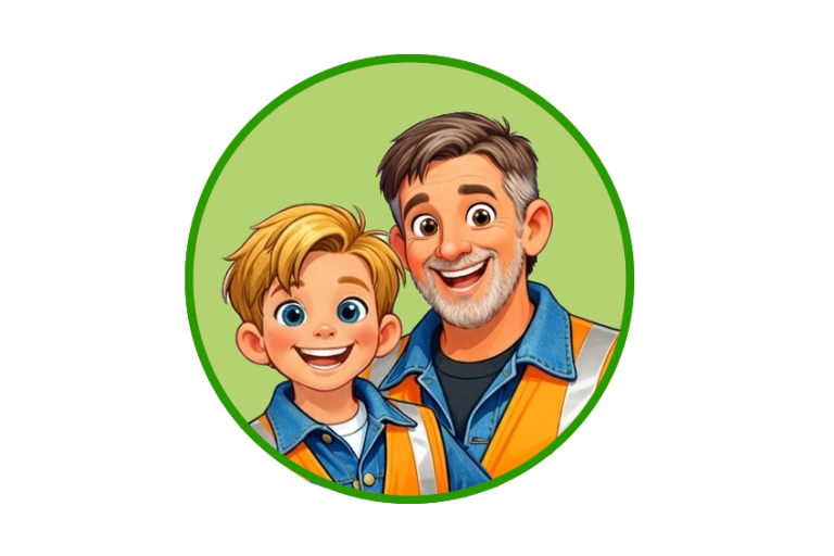 Zane en opa Ben. Een blije jongeman en een oudere man, beide in werkkleding met een groene achtergrond.